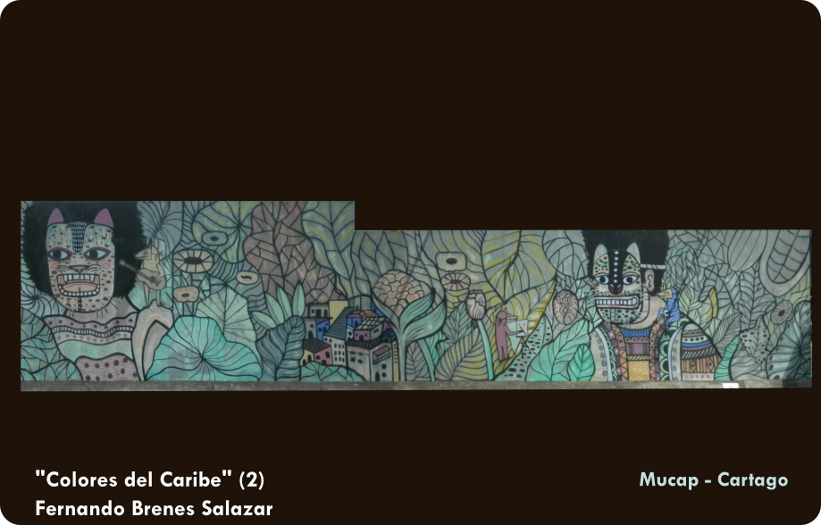Mural con una gran escena de plantas dedonde sobresalen grupos de edificios y personas portando mascaras indigenas